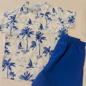SHEIN White & Blue Palm Tree Print Kids Matching Set